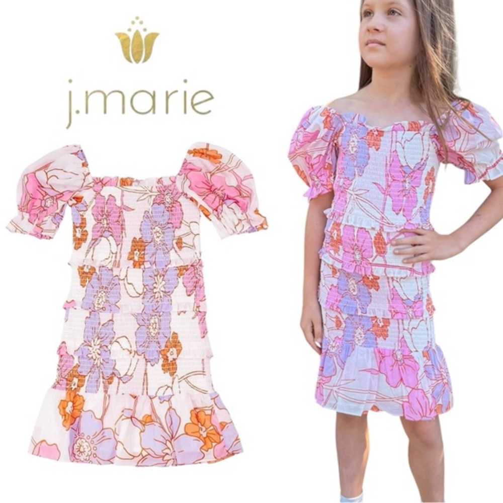 J.Marie Girls Mollie Dress Kids Floral Puff Sleeve Pink Size 7/8 NWT